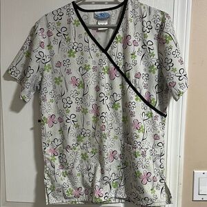 Women's Floral V-Neck Scrub Top in White with Pink & Green